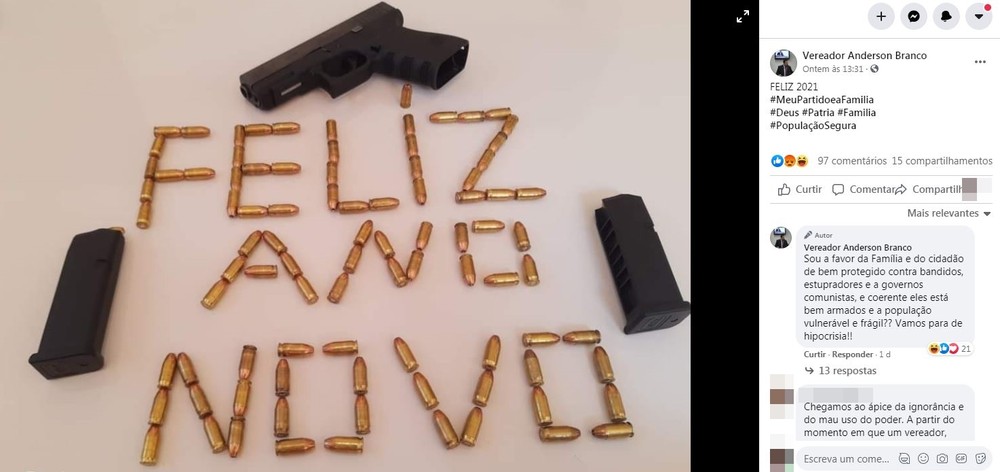 vereador de rio preto sp postou mensagem de feliz ano novo com foto de armas e municoes e gerou polemica na web