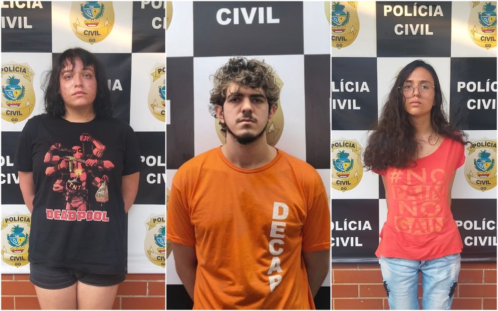 Enzo Jacomini, Jeferson Rodrigues e Raíssa Borges foram presos suspeitos de matar amiga em Goiânia (Foto: Reprodução/TV Anhanguera)