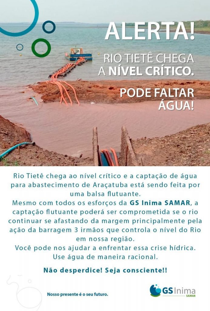 Alerta da Samar: Pode faltar água em Araçatuba
