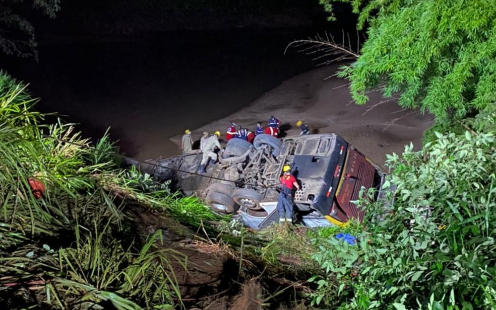 Ônibus cai em barranco na BR-153, em Aparecida de Goiânia — Foto: Reprodução/TV Anhanguera