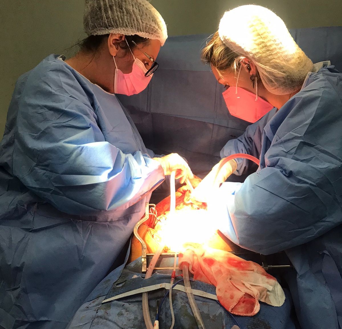 Dra Allana Fortunato ao lado da Dra Paula Marques durante o procedimento de captação do órgão (Divulgação)