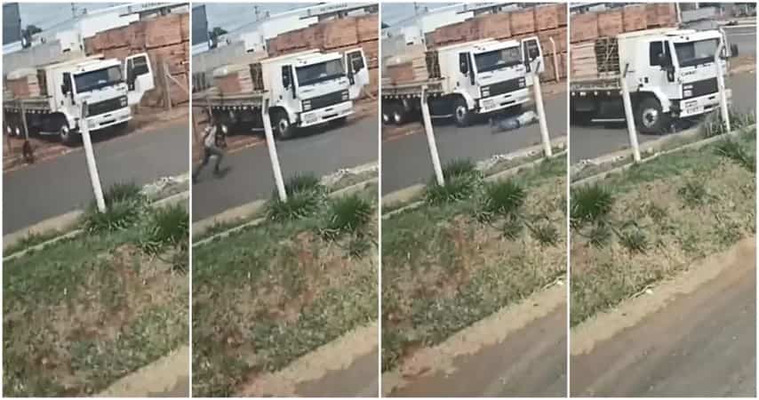 Homem foi atropelado pelo próprio caminhão em Votuporanga (SP) — Foto: Reprodução/Circuito de Segurança