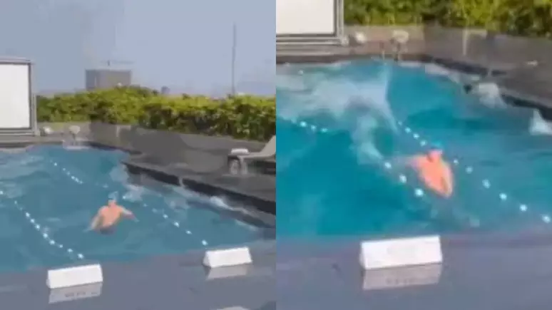 homem fica em piscina durante terremoto