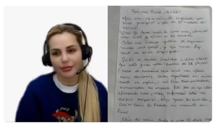 Carta de Deolane na prisão de Tupi Paulista fala em perseguição Reprodução/ G1