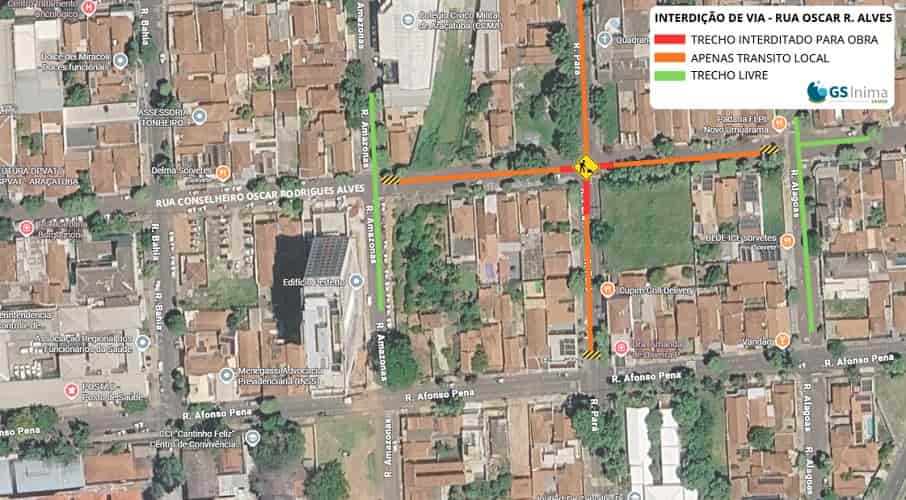 Obra na rede de água bloqueia trecho da Rua Oscar Rodrigues Alves Trecho em vermelho indica o local interditado
