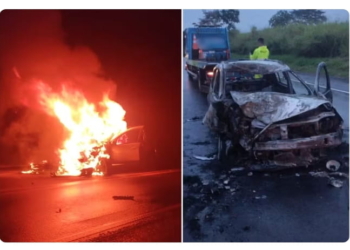 Motociclista morre carbonizado após bater de frente contra carro em rodovia em Irapuru (SP) — Foto: Reprodução/Jorge Zanoni