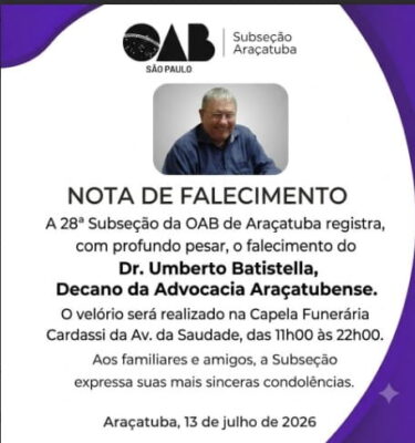 Morre Umberto Batistella, decano da advocacia de Araçatuba falecimento Umberto Bastistella